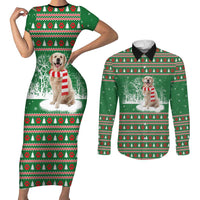 Golden Retriever Christmas Couples Matching Short Sleeve Bodycon Dress and Long Sleeve Button Shirt with Red Scarf Snowflakes and Tree Pattern - Wonder Print Shop