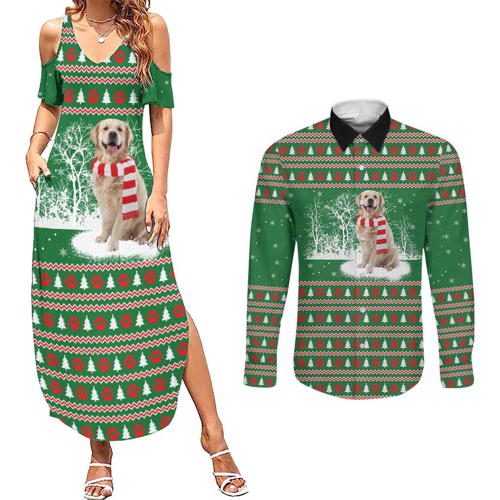 Golden Retriever Christmas Couples Matching Summer Maxi Dress and Long Sleeve Button Shirt with Red Scarf Snowflakes and Tree Pattern - Wonder Print Shop