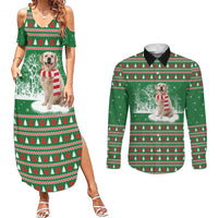 Golden Retriever Christmas Couples Matching Summer Maxi Dress and Long Sleeve Button Shirt with Red Scarf Snowflakes and Tree Pattern - Wonder Print Shop