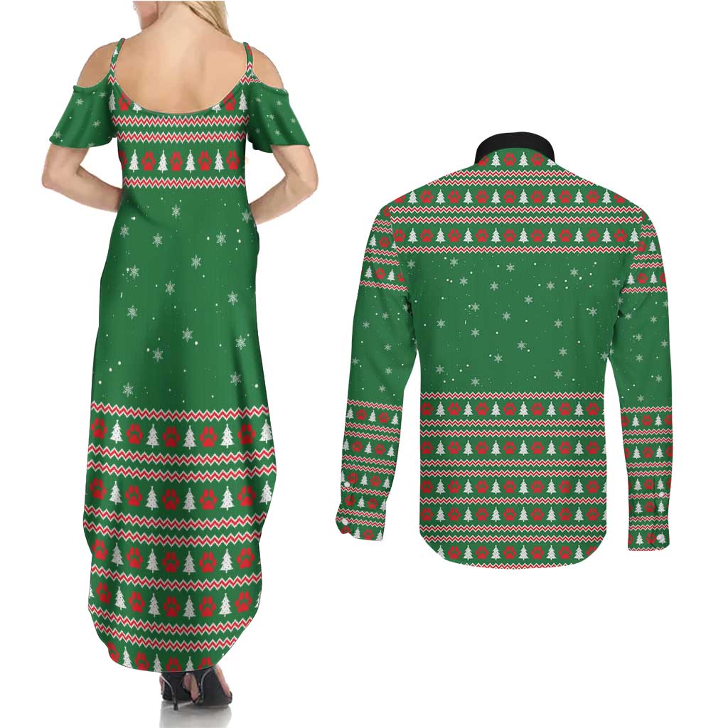 Golden Retriever Christmas Couples Matching Summer Maxi Dress and Long Sleeve Button Shirt with Red Scarf Snowflakes and Tree Pattern - Wonder Print Shop