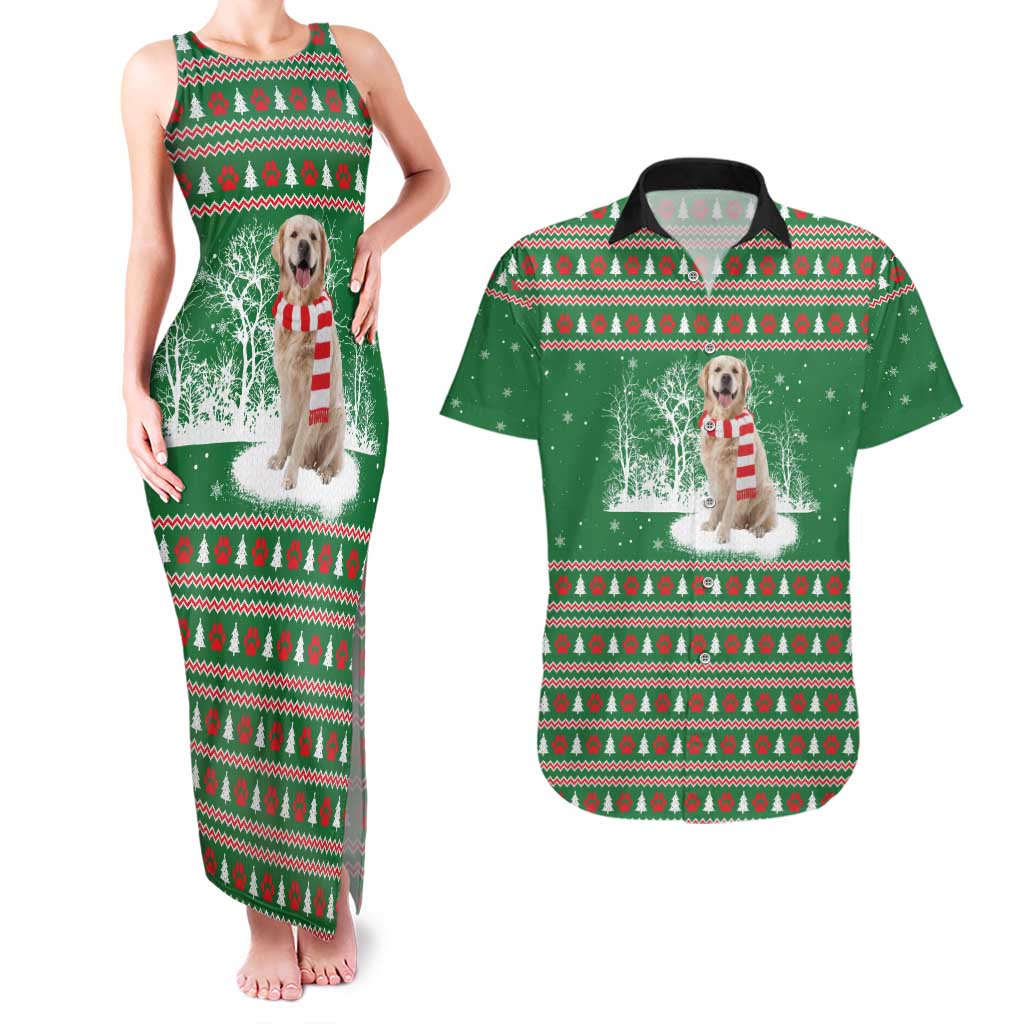 Golden Retriever Christmas Couples Matching Tank Maxi Dress and Hawaiian Shirt with Red Scarf Snowflakes and Tree Pattern - Wonder Print Shop