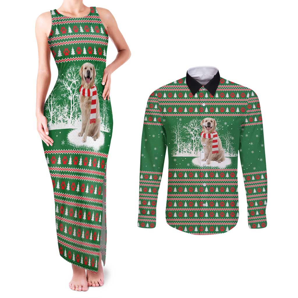 Golden Retriever Christmas Couples Matching Tank Maxi Dress and Long Sleeve Button Shirt with Red Scarf Snowflakes and Tree Pattern - undefined