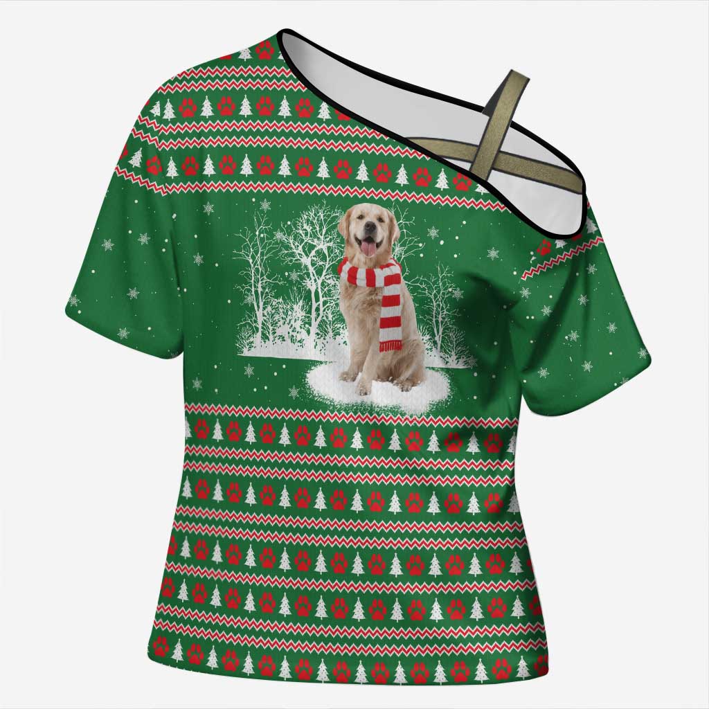 Golden Retriever Christmas Cross Shoulder Shirt with Red Scarf Snowflakes and Tree Pattern - Wonder Print Shop