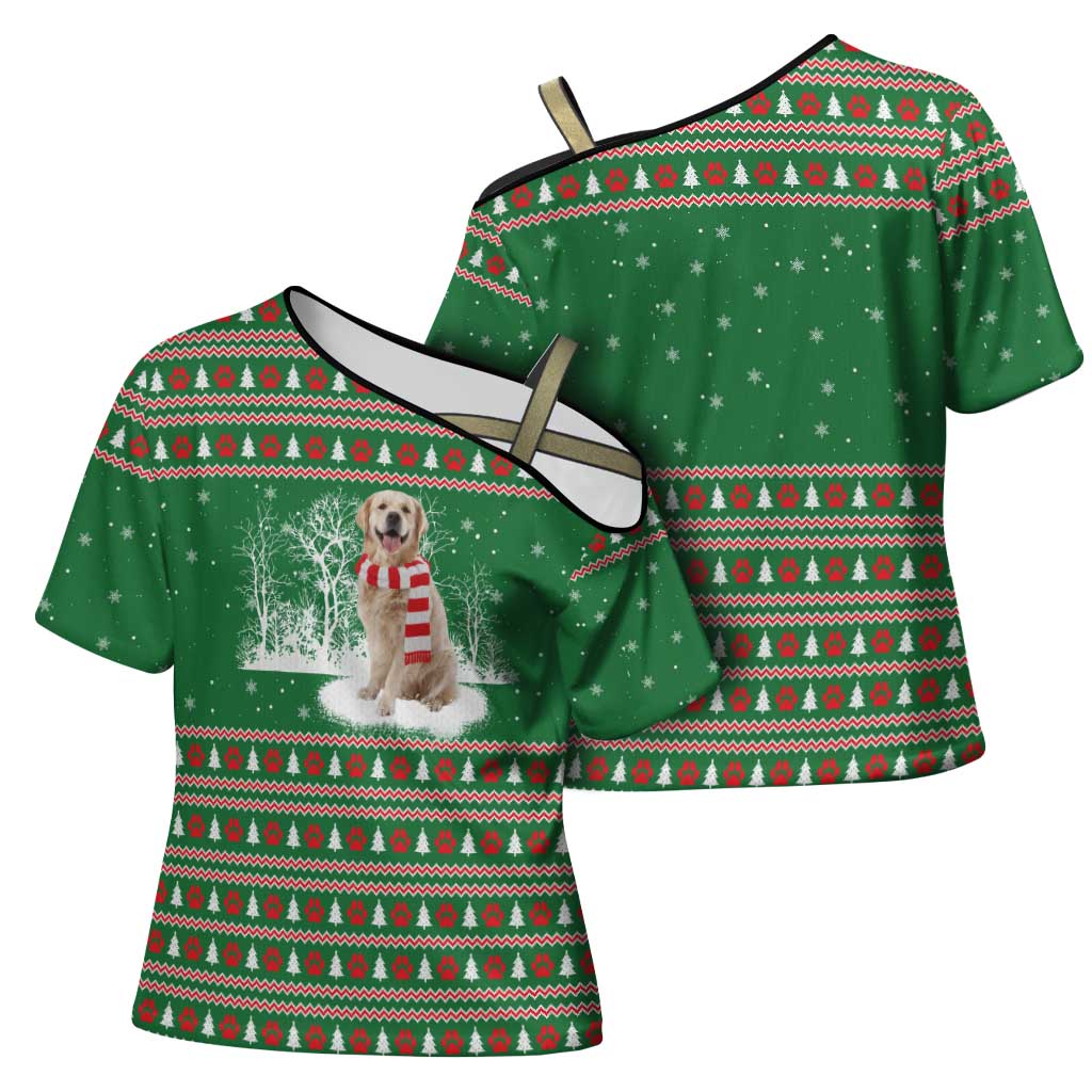 Golden Retriever Christmas Cross Shoulder Shirt with Red Scarf Snowflakes and Tree Pattern - Wonder Print Shop