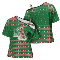 Golden Retriever Christmas Cross Shoulder Shirt with Red Scarf Snowflakes and Tree Pattern - Wonder Print Shop