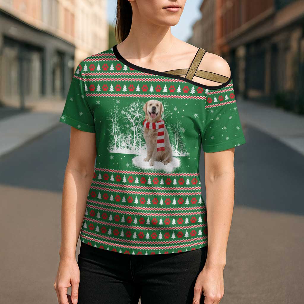 Golden Retriever Christmas Cross Shoulder Shirt with Red Scarf Snowflakes and Tree Pattern - Wonder Print Shop
