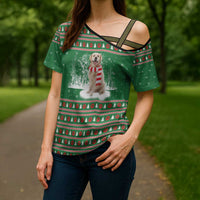 Golden Retriever Christmas Cross Shoulder Shirt with Red Scarf Snowflakes and Tree Pattern - Wonder Print Shop