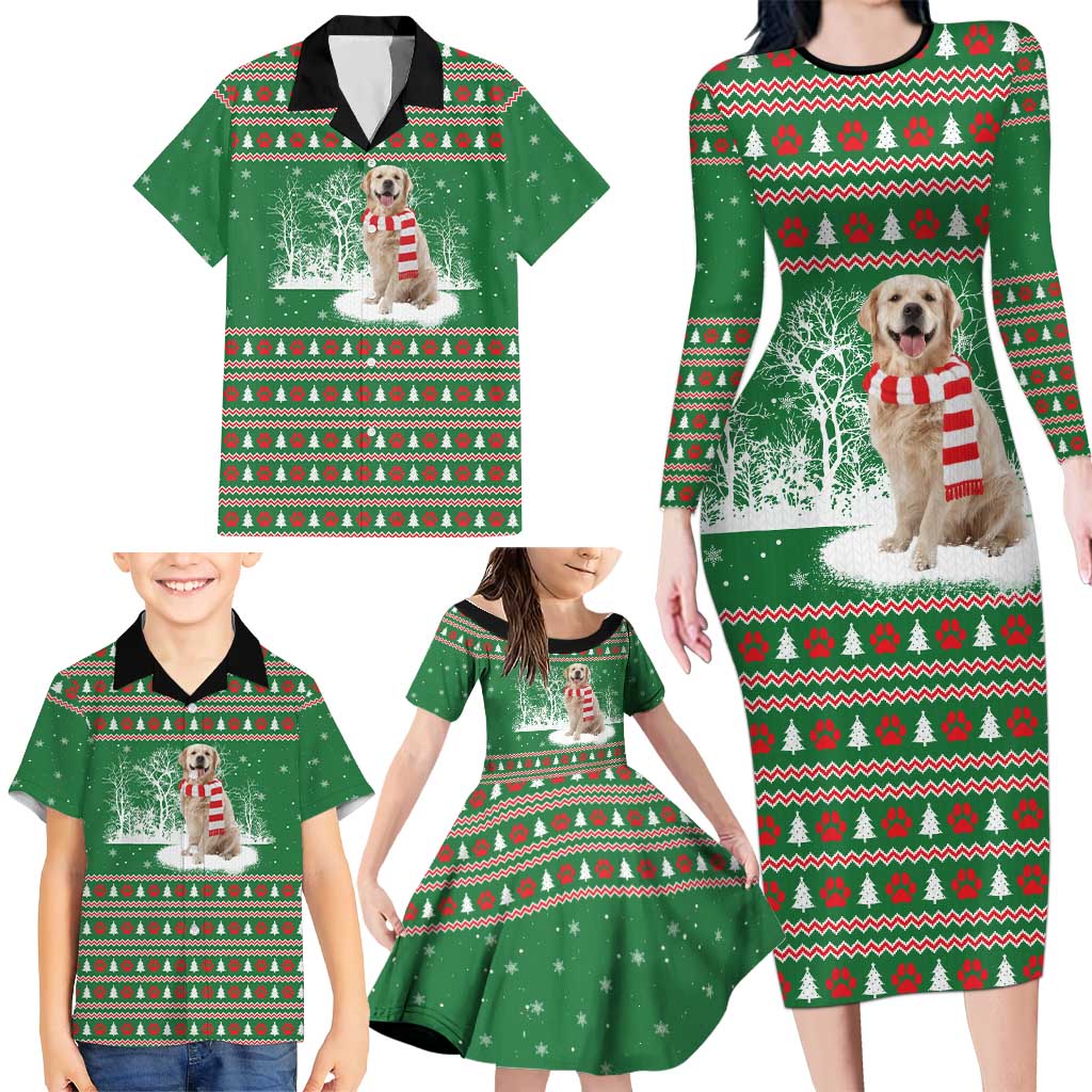 Golden Retriever Christmas Family Matching Long Sleeve Bodycon Dress and Hawaiian Shirt with Red Scarf Snowflakes and Tree Pattern - Wonder Print Shop
