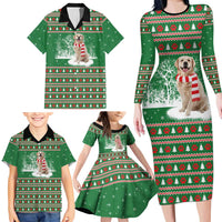 Golden Retriever Christmas Family Matching Long Sleeve Bodycon Dress and Hawaiian Shirt with Red Scarf Snowflakes and Tree Pattern - Wonder Print Shop