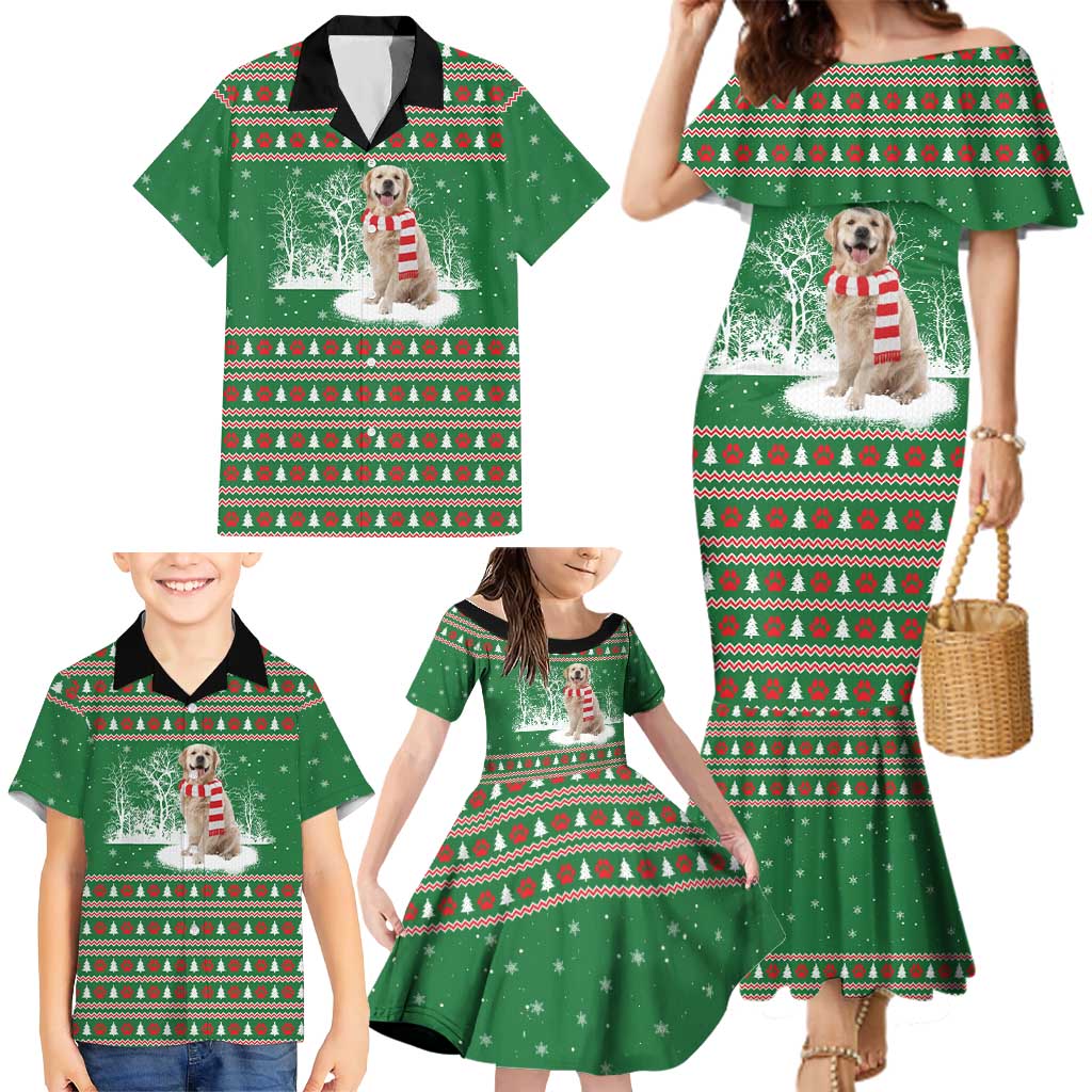 Golden Retriever Christmas Family Matching Mermaid Dress and Hawaiian Shirt with Red Scarf Snowflakes and Tree Pattern - Wonder Print Shop
