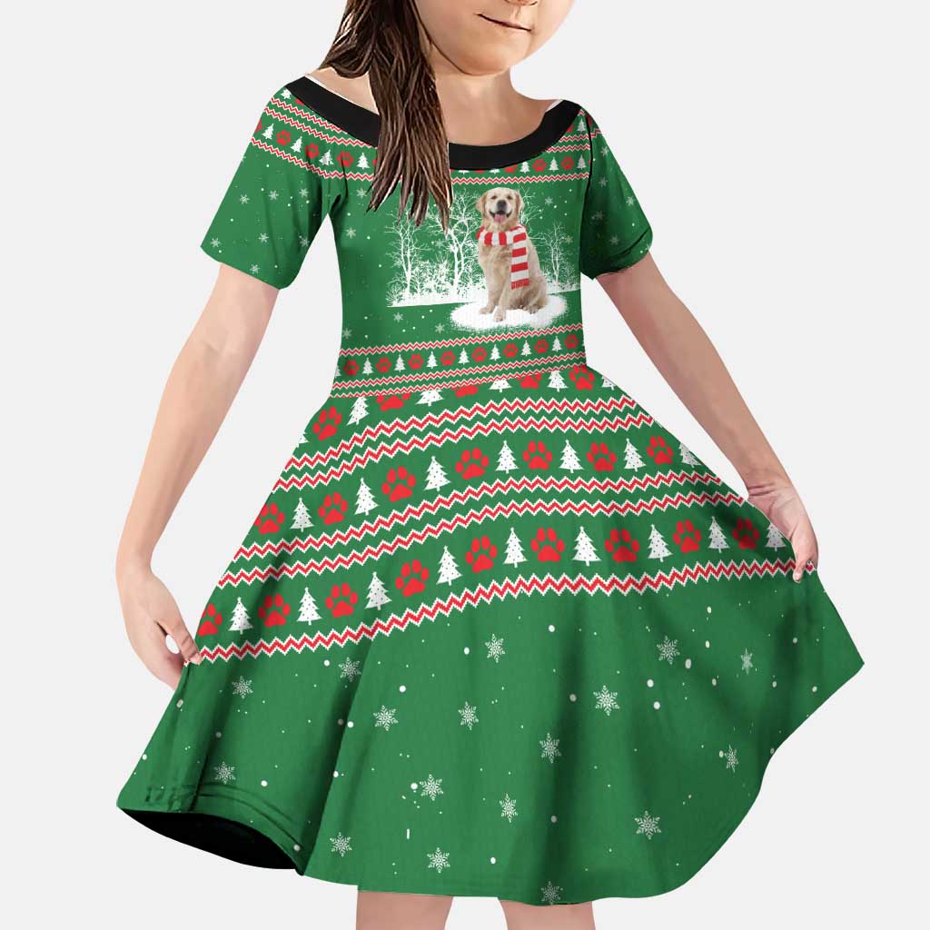 Golden Retriever Christmas Family Matching Off The Shoulder Long Sleeve Dress and Hawaiian Shirt with Red Scarf Snowflakes and Tree Pattern - Wonder Print Shop