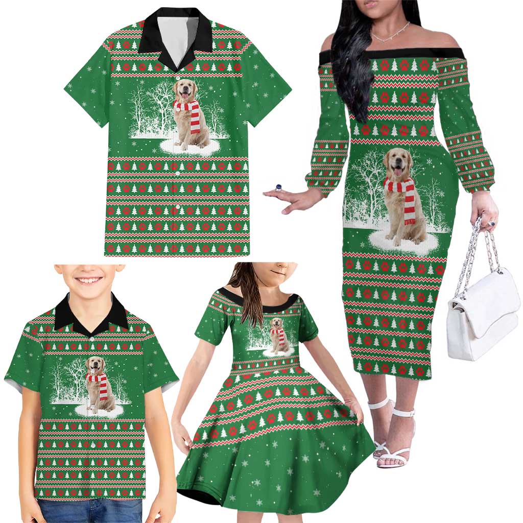 Golden Retriever Christmas Family Matching Off The Shoulder Long Sleeve Dress and Hawaiian Shirt with Red Scarf Snowflakes and Tree Pattern - Wonder Print Shop