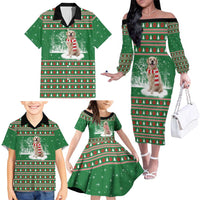 Golden Retriever Christmas Family Matching Off The Shoulder Long Sleeve Dress and Hawaiian Shirt with Red Scarf Snowflakes and Tree Pattern - Wonder Print Shop
