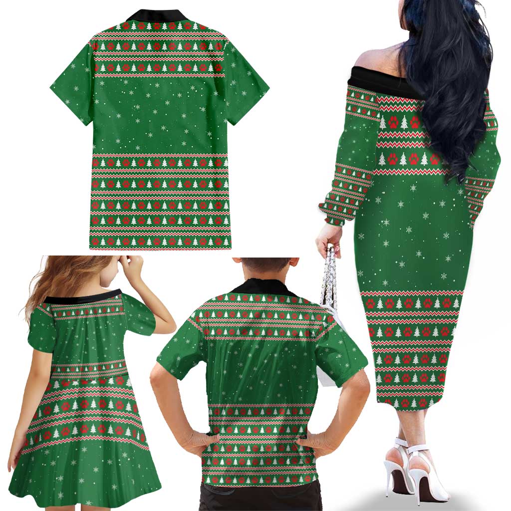 Golden Retriever Christmas Family Matching Off The Shoulder Long Sleeve Dress and Hawaiian Shirt with Red Scarf Snowflakes and Tree Pattern - Wonder Print Shop