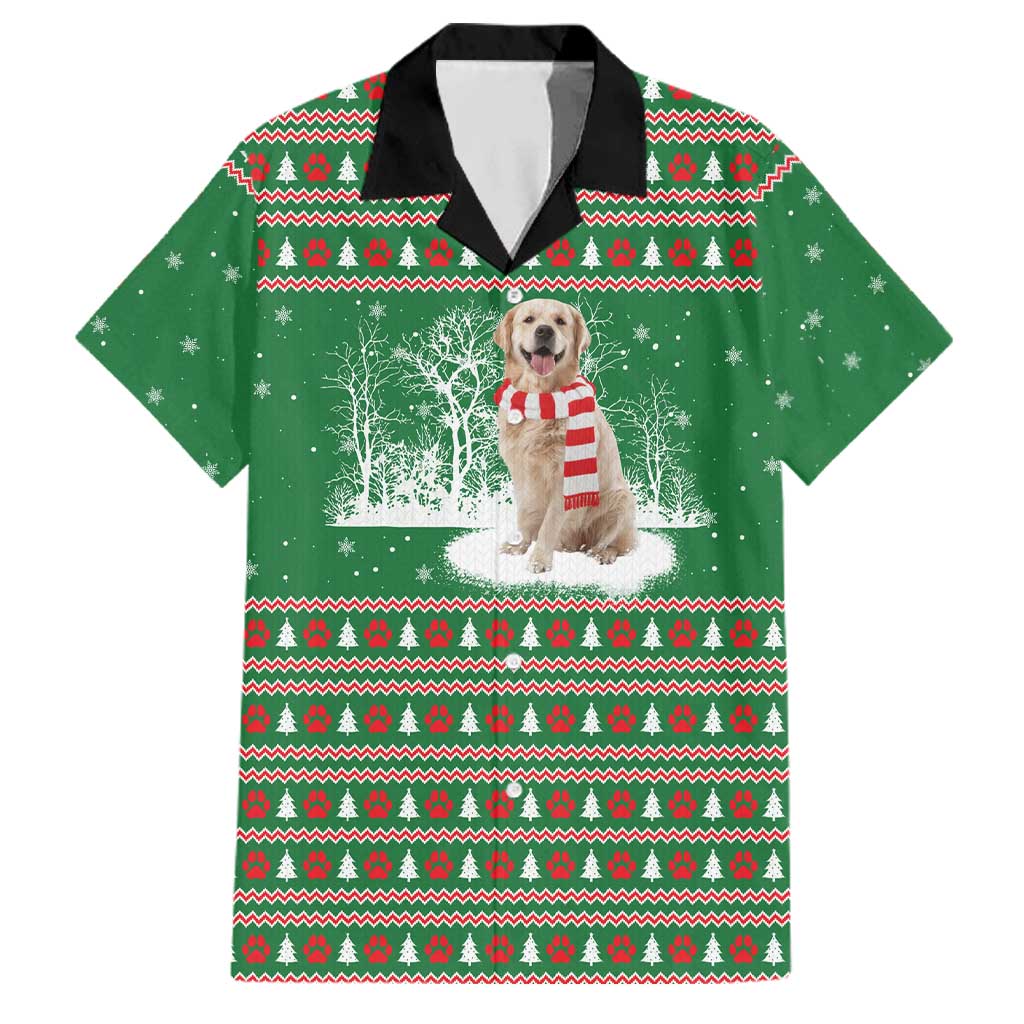Golden Retriever Christmas Family Matching Off The Shoulder Long Sleeve Dress and Hawaiian Shirt with Red Scarf Snowflakes and Tree Pattern - Wonder Print Shop