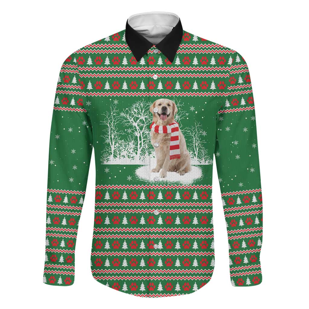 Golden Retriever Christmas Family Matching Off The Shoulder Long Sleeve Dress and Hawaiian Shirt with Red Scarf Snowflakes and Tree Pattern - Wonder Print Shop