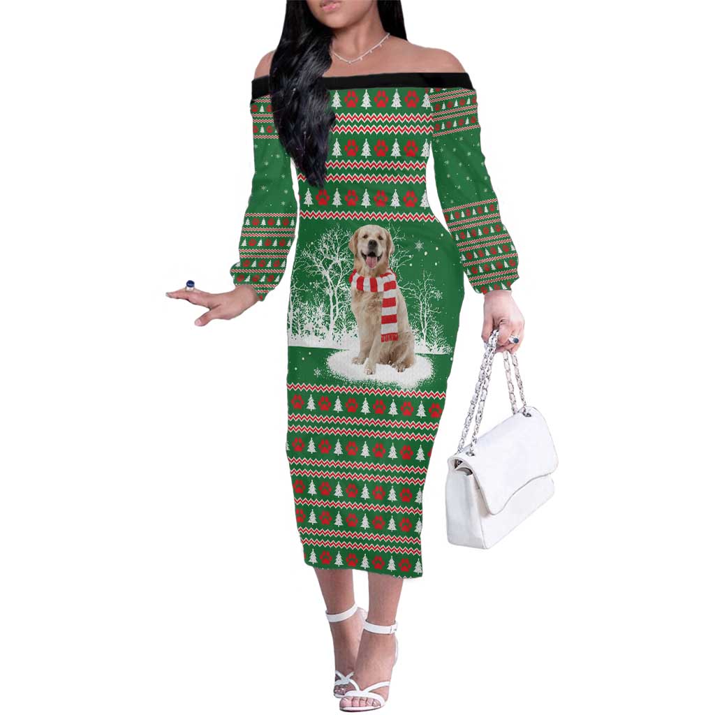 Golden Retriever Christmas Family Matching Off The Shoulder Long Sleeve Dress and Hawaiian Shirt with Red Scarf Snowflakes and Tree Pattern - Wonder Print Shop