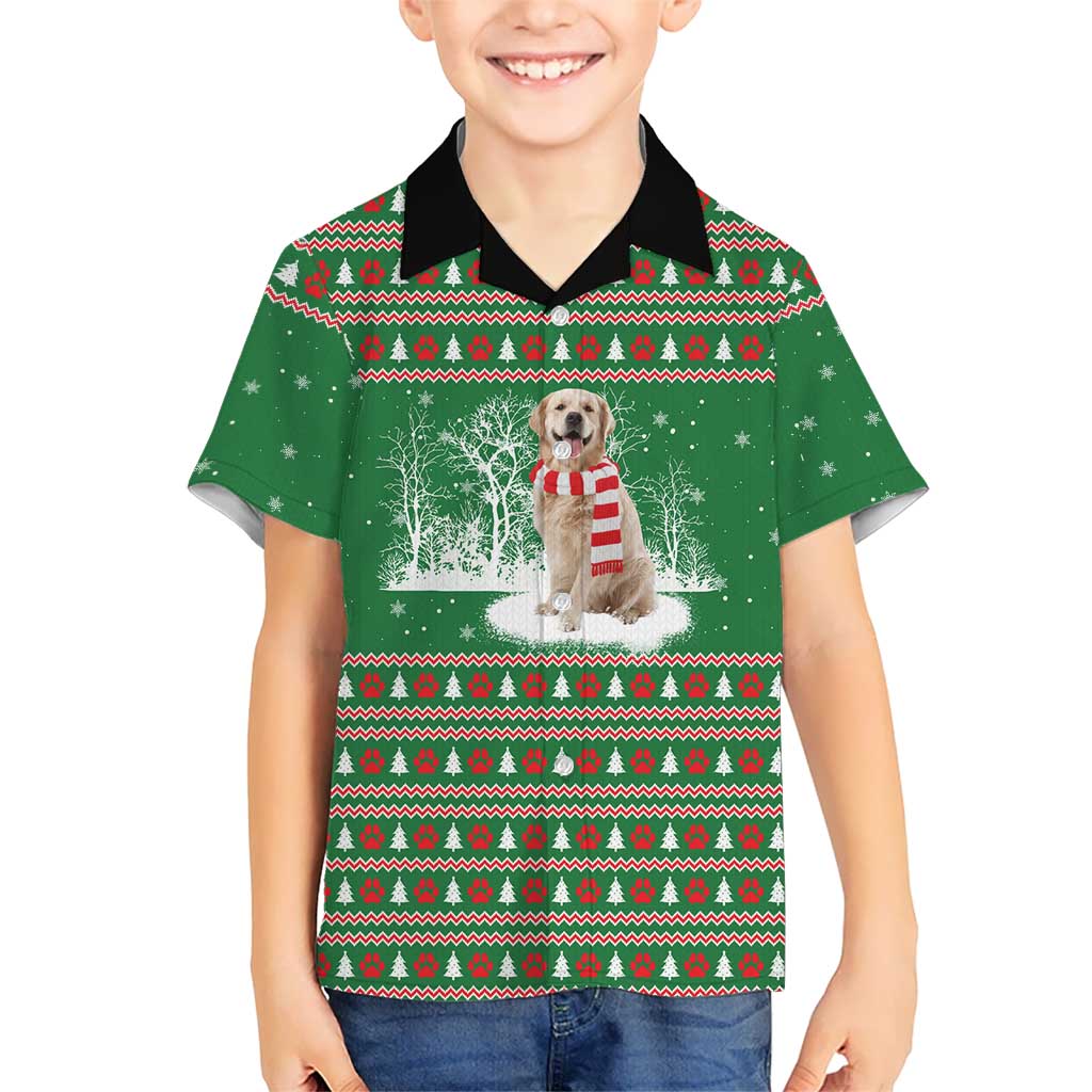Golden Retriever Christmas Family Matching Off The Shoulder Long Sleeve Dress and Hawaiian Shirt with Red Scarf Snowflakes and Tree Pattern - Wonder Print Shop