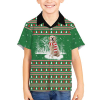 Golden Retriever Christmas Family Matching Off The Shoulder Long Sleeve Dress and Hawaiian Shirt with Red Scarf Snowflakes and Tree Pattern - Wonder Print Shop