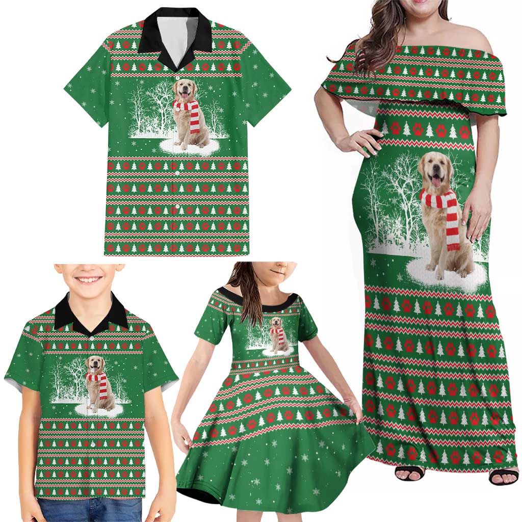 Golden Retriever Christmas Family Matching Off Shoulder Maxi Dress and Hawaiian Shirt with Red Scarf Snowflakes and Tree Pattern - Wonder Print Shop