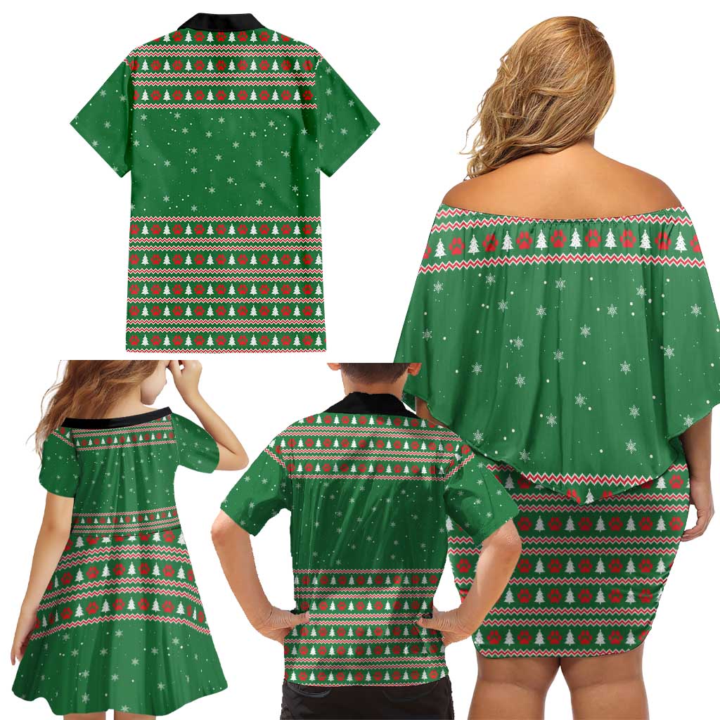Golden Retriever Christmas Family Matching Off Shoulder Short Dress and Hawaiian Shirt with Red Scarf Snowflakes and Tree Pattern - Wonder Print Shop