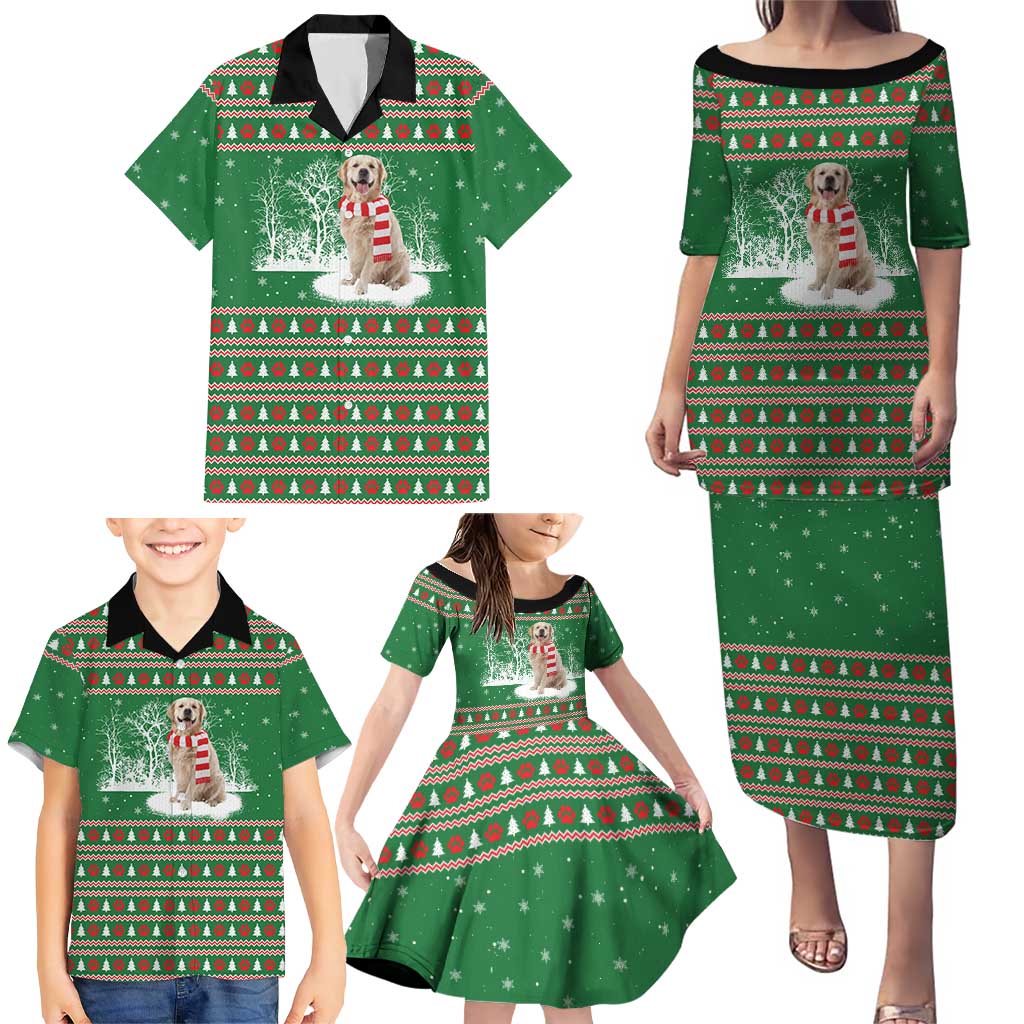 Golden Retriever Christmas Family Matching Puletasi and Hawaiian Shirt with Red Scarf Snowflakes and Tree Pattern - Wonder Print Shop