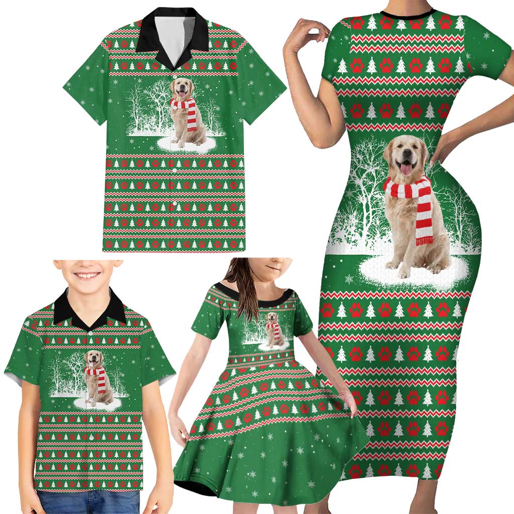 Golden Retriever Christmas Family Matching Short Sleeve Bodycon Dress and Hawaiian Shirt with Red Scarf Snowflakes and Tree Pattern - Wonder Print Shop