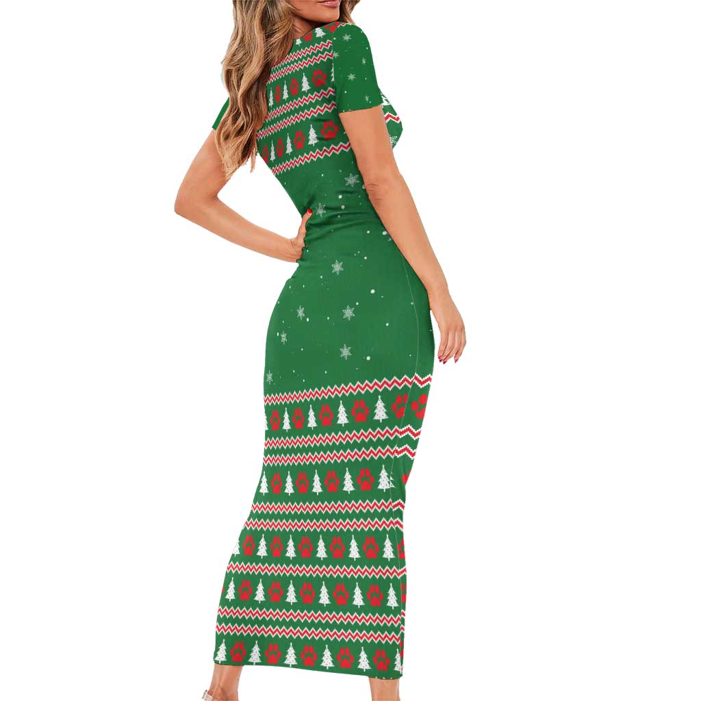 Golden Retriever Christmas Family Matching Short Sleeve Bodycon Dress and Hawaiian Shirt with Red Scarf Snowflakes and Tree Pattern - Wonder Print Shop