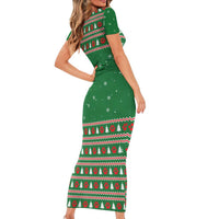 Golden Retriever Christmas Family Matching Short Sleeve Bodycon Dress and Hawaiian Shirt with Red Scarf Snowflakes and Tree Pattern - Wonder Print Shop