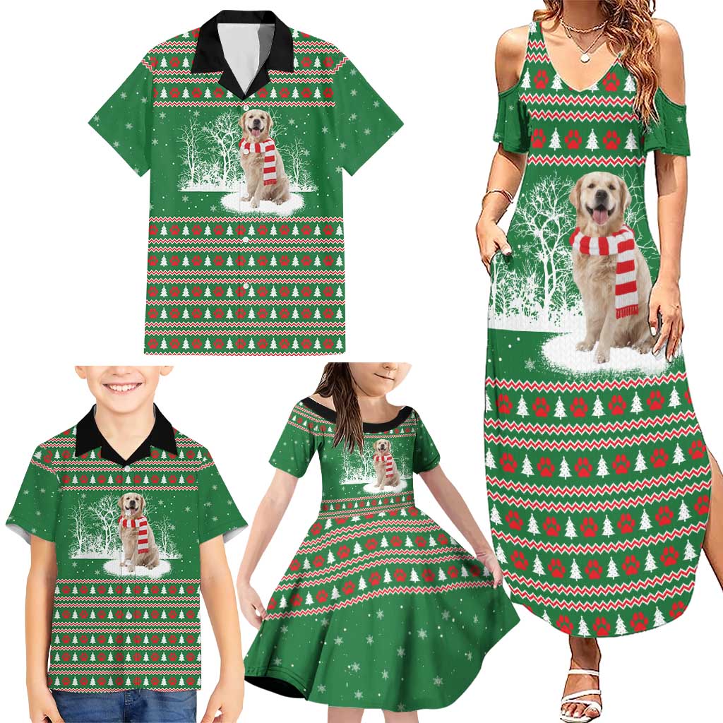 Golden Retriever Christmas Family Matching Summer Maxi Dress and Hawaiian Shirt with Red Scarf Snowflakes and Tree Pattern - Wonder Print Shop