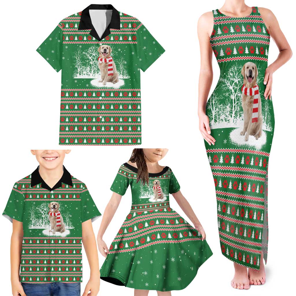 Golden Retriever Christmas Family Matching Tank Maxi Dress and Hawaiian Shirt with Red Scarf Snowflakes and Tree Pattern - Wonder Print Shop