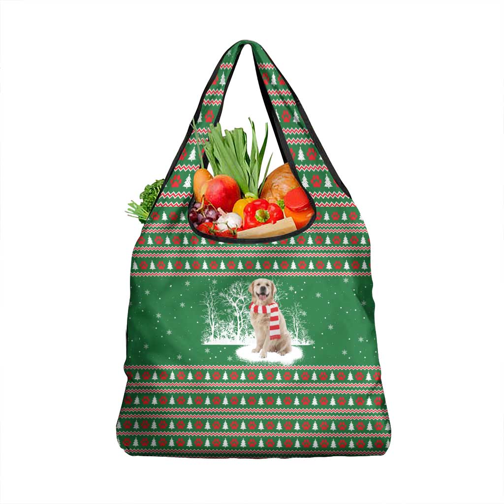 Golden Retriever Christmas Grocery Bag with Red Scarf Snowflakes and Tree Pattern - Wonder Print Shop