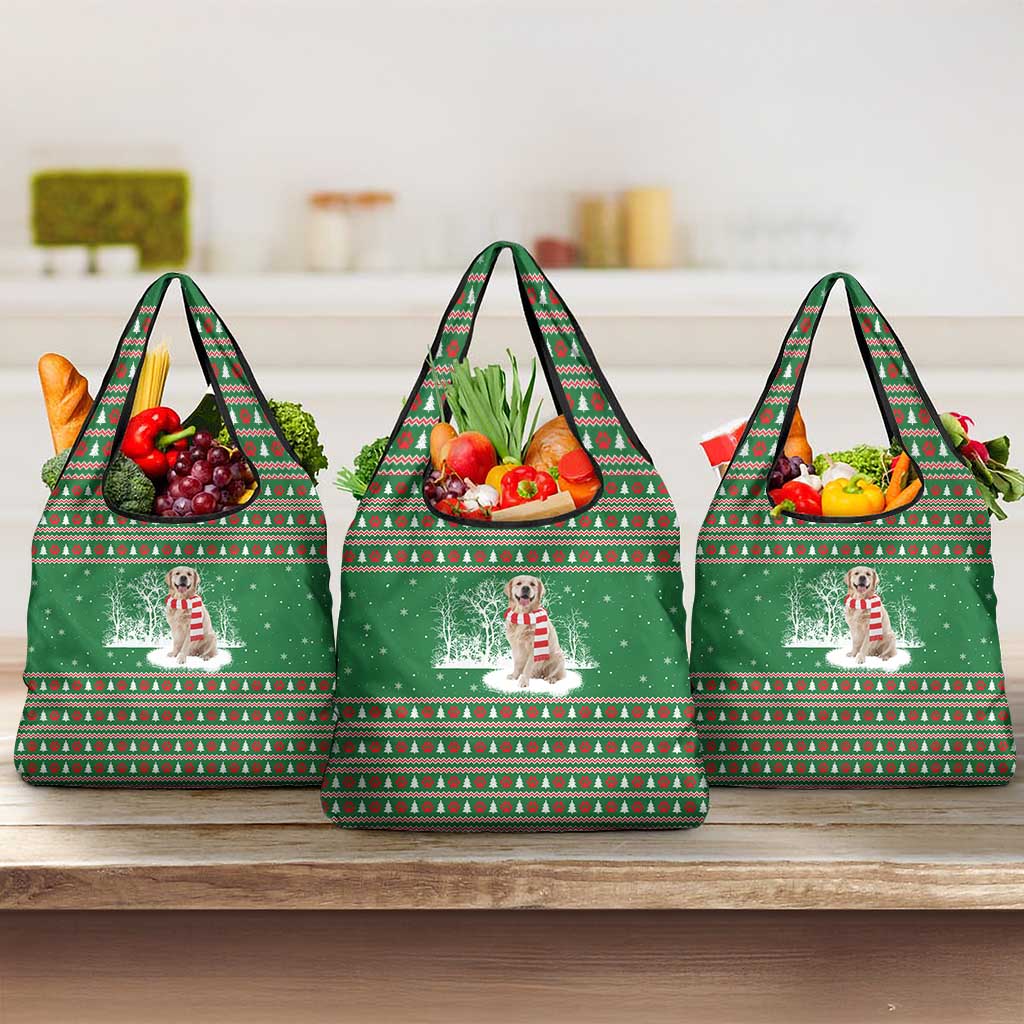 Golden Retriever Christmas Grocery Bag with Red Scarf Snowflakes and Tree Pattern - Wonder Print Shop