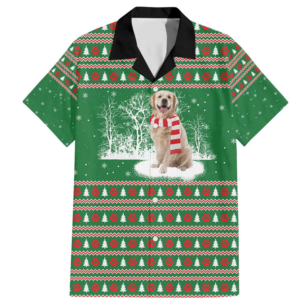 Golden Retriever Christmas Hawaiian Shirt with Red Scarf Snowflakes and Tree Pattern - Wonder Print Shop