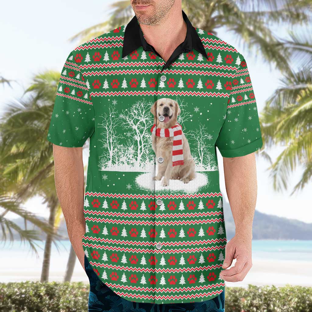 Golden Retriever Christmas Hawaiian Shirt with Red Scarf Snowflakes and Tree Pattern - Wonder Print Shop