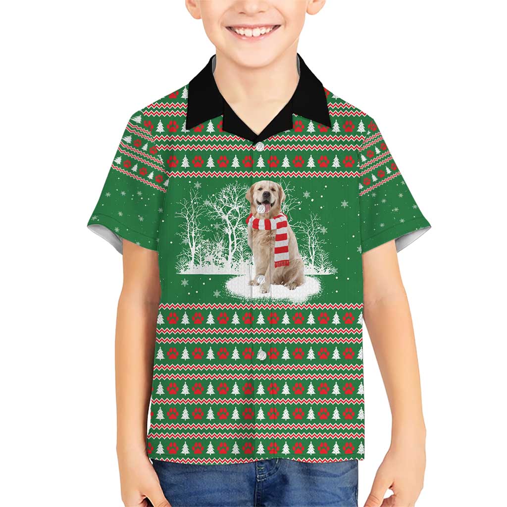 Golden Retriever Christmas Hawaiian Shirt with Red Scarf Snowflakes and Tree Pattern - Wonder Print Shop