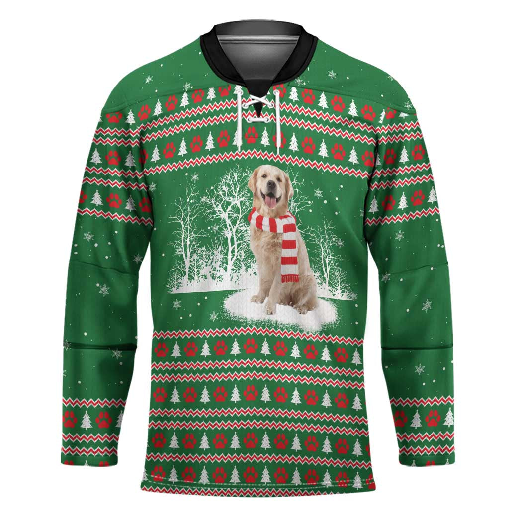 Golden Retriever Christmas Hockey Jersey with Red Scarf Snowflakes and Tree Pattern - Wonder Print Shop