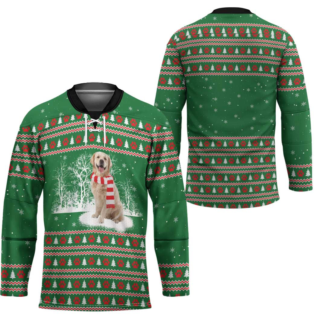 Golden Retriever Christmas Hockey Jersey with Red Scarf Snowflakes and Tree Pattern - Wonder Print Shop