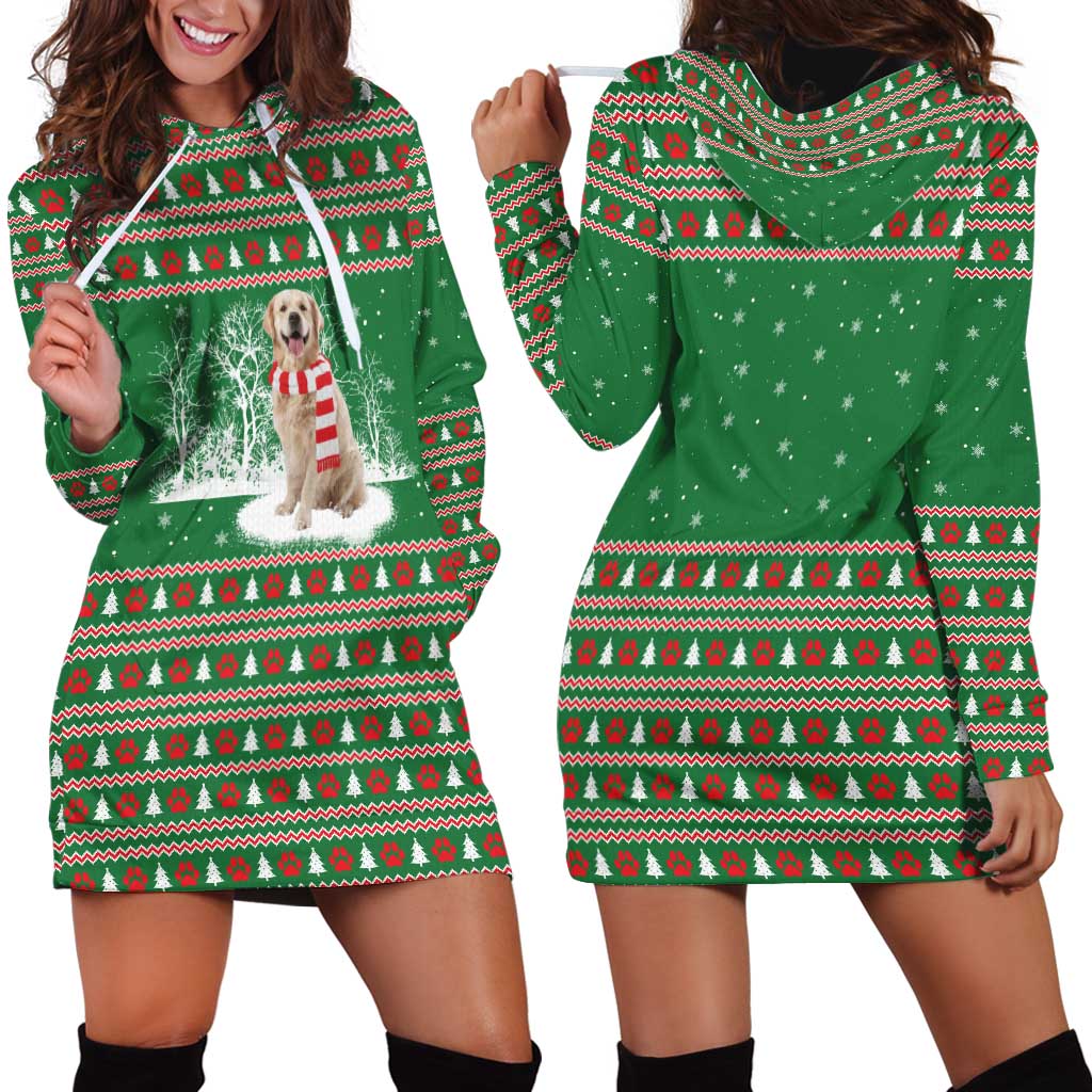 Golden Retriever Christmas Hoodie Dress with Red Scarf Snowflakes and Tree Pattern - Wonder Print Shop