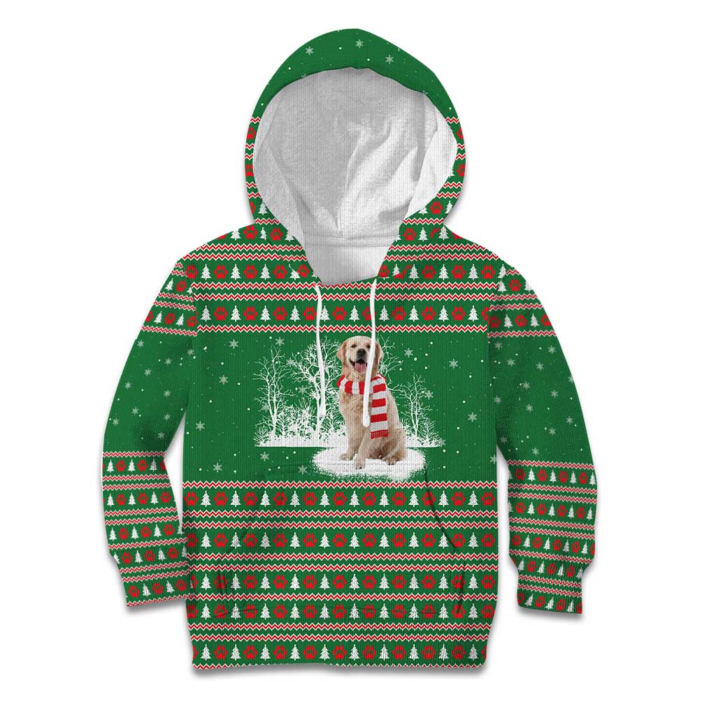Golden Retriever Christmas Kid Hoodie with Red Scarf Snowflakes and Tree Pattern - Wonder Print Shop