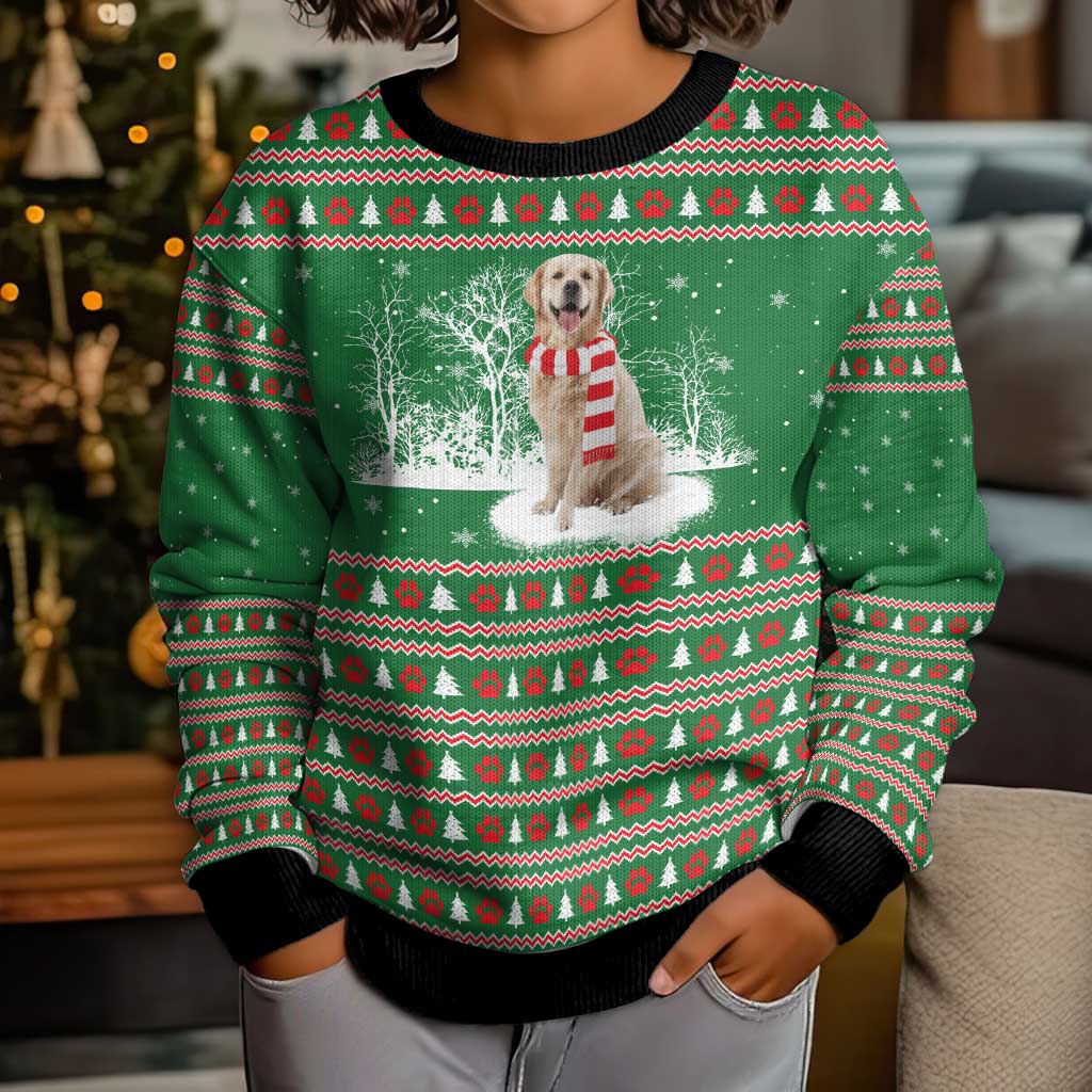 Golden Retriever Christmas Kid Ugly Christmas Sweater with Red Scarf Snowflakes and Tree Pattern - Wonder Print Shop