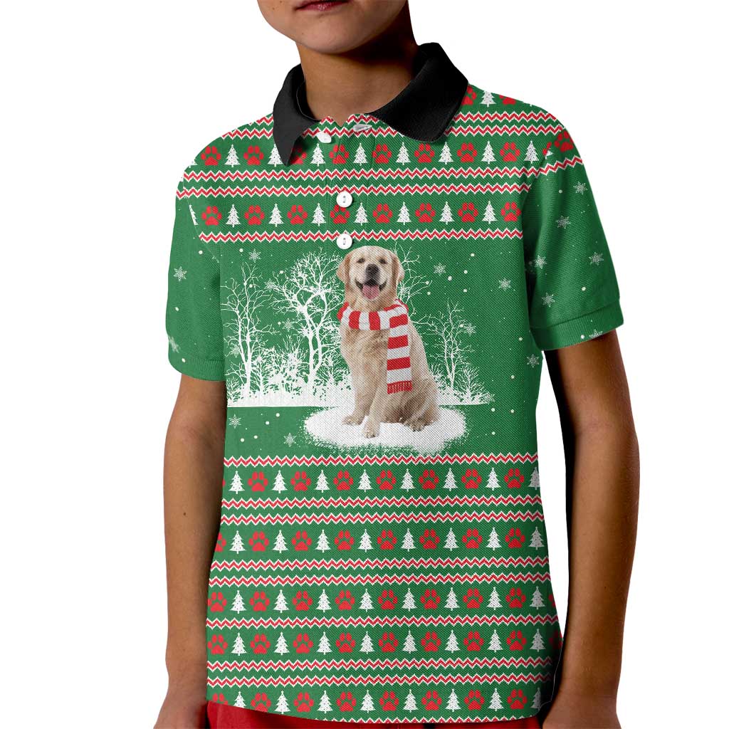 Golden Retriever Christmas Kid Polo Shirt with Red Scarf Snowflakes and Tree Pattern - Wonder Print Shop