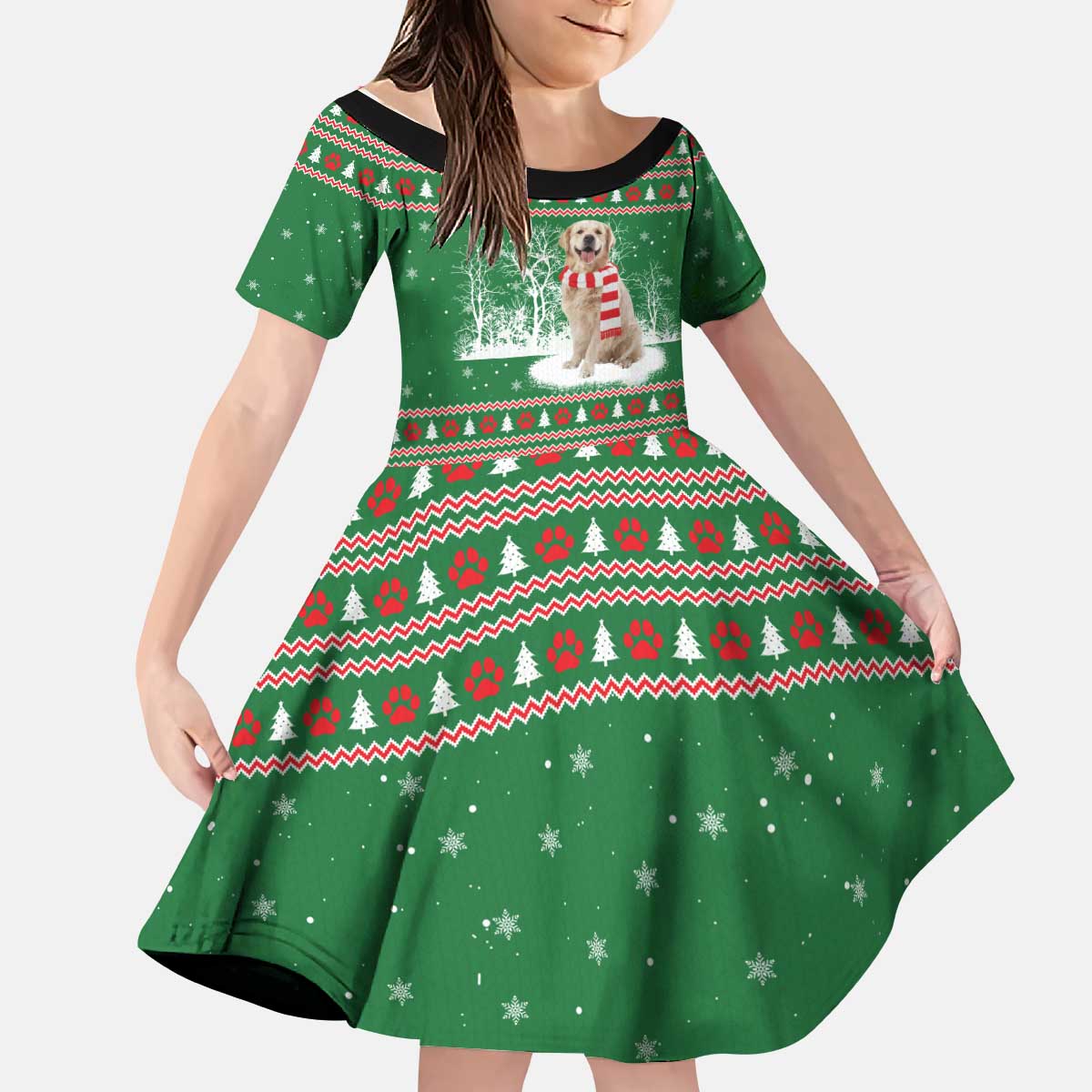 Golden Retriever Christmas Kid Short Sleeve Dress with Red Scarf Snowflakes and Tree Pattern - Wonder Print Shop
