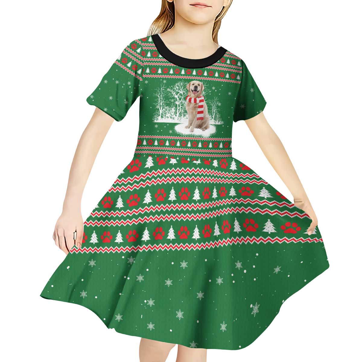 Golden Retriever Christmas Kid Short Sleeve Dress with Red Scarf Snowflakes and Tree Pattern - Wonder Print Shop