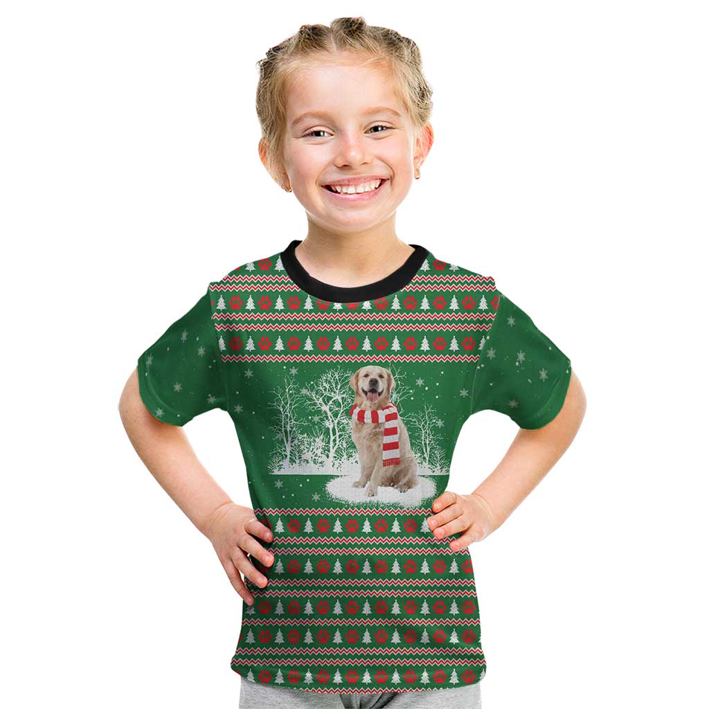Golden Retriever Christmas Kid T Shirt with Red Scarf Snowflakes and Tree Pattern - Wonder Print Shop