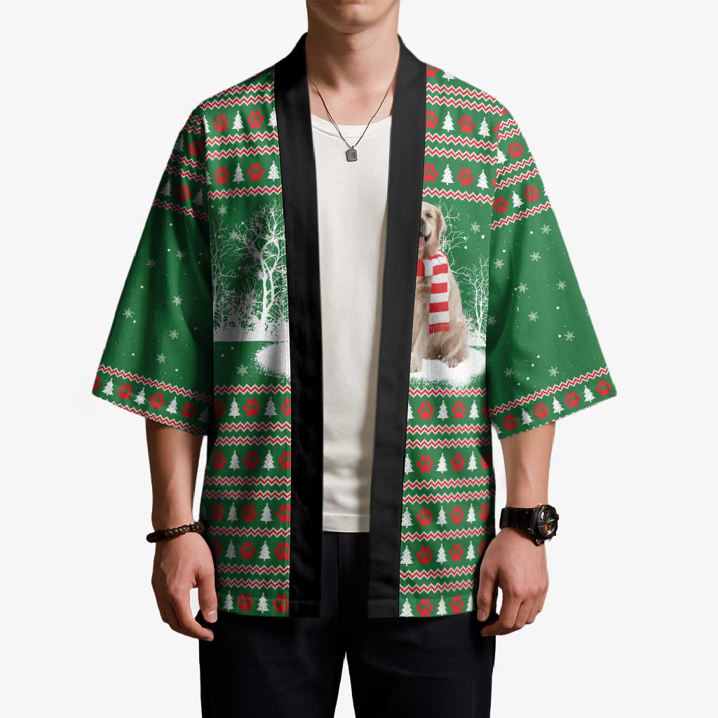 Golden Retriever Christmas Kimono with Red Scarf Snowflakes and Tree Pattern - Wonder Print Shop