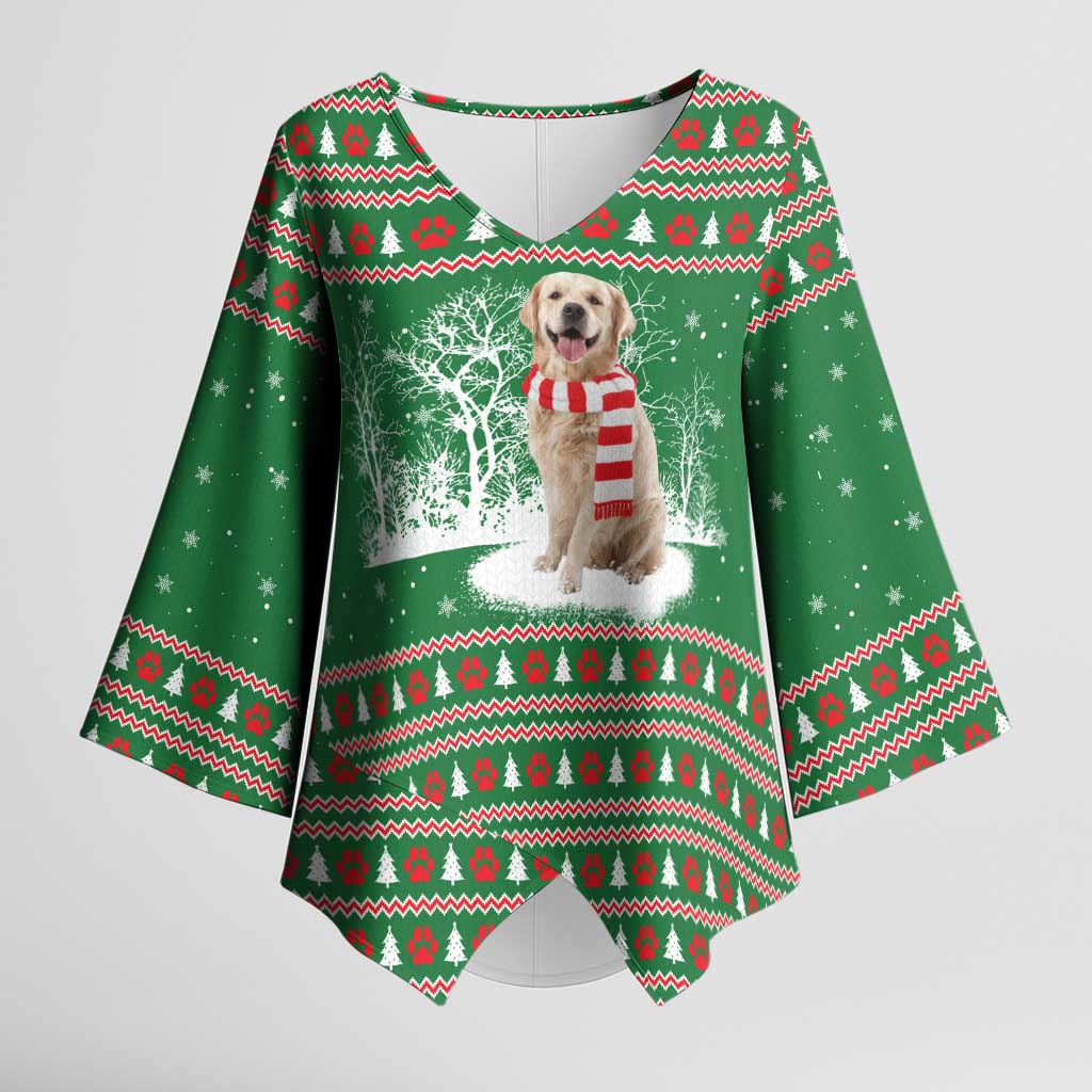 Golden Retriever Christmas Kimono Sleeve Blouse with Red Scarf Snowflakes and Tree Pattern - Wonder Print Shop