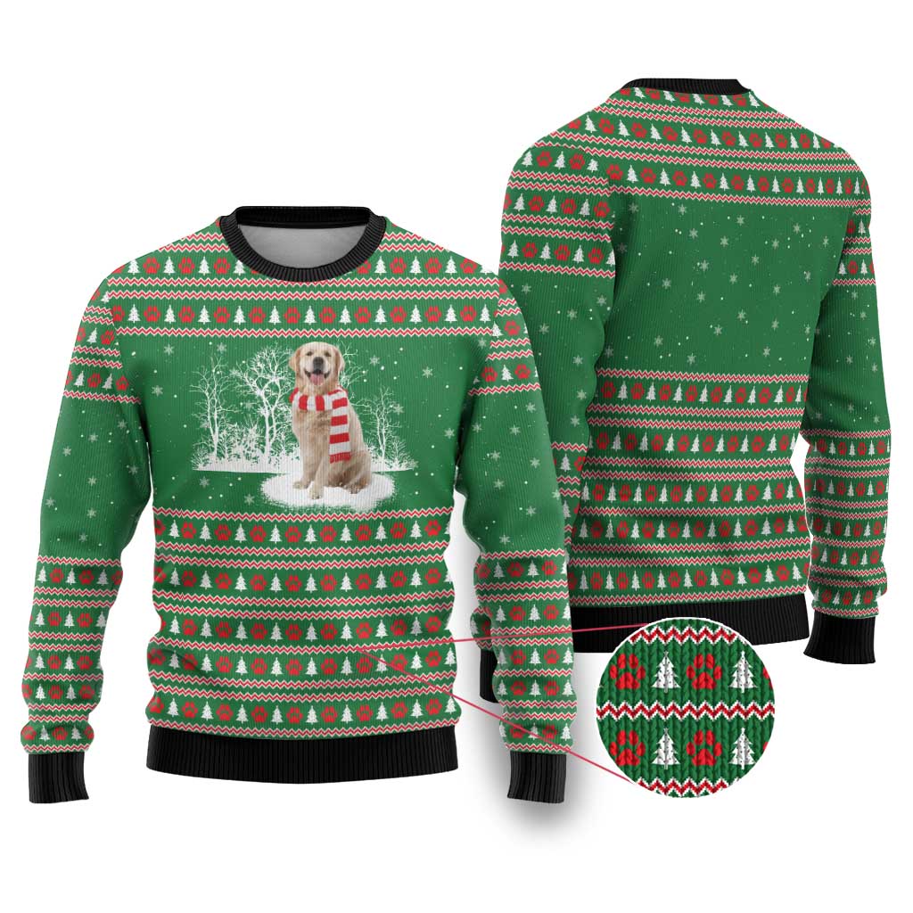 Golden Retriever Christmas Ugly Christmas Sweater with Red Scarf Snowflakes and Tree Pattern - Wonder Print Shop