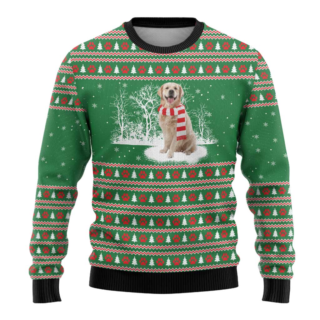 Golden Retriever Christmas Ugly Christmas Sweater with Red Scarf Snowflakes and Tree Pattern - Wonder Print Shop
