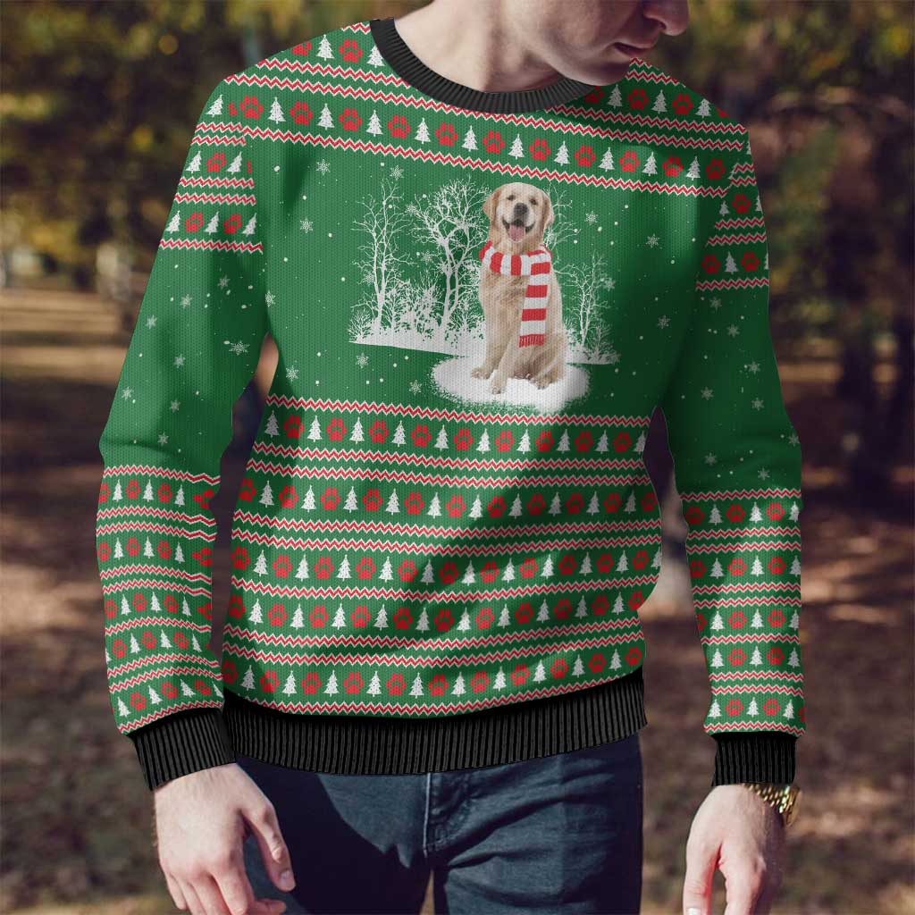 Golden Retriever Christmas Ugly Christmas Sweater with Red Scarf Snowflakes and Tree Pattern - Wonder Print Shop